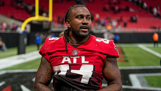Falcons running back Cordarrelle Patterson (84) reacts after the Falcons defeated the Bears at Mercedes-Benz Stadium.